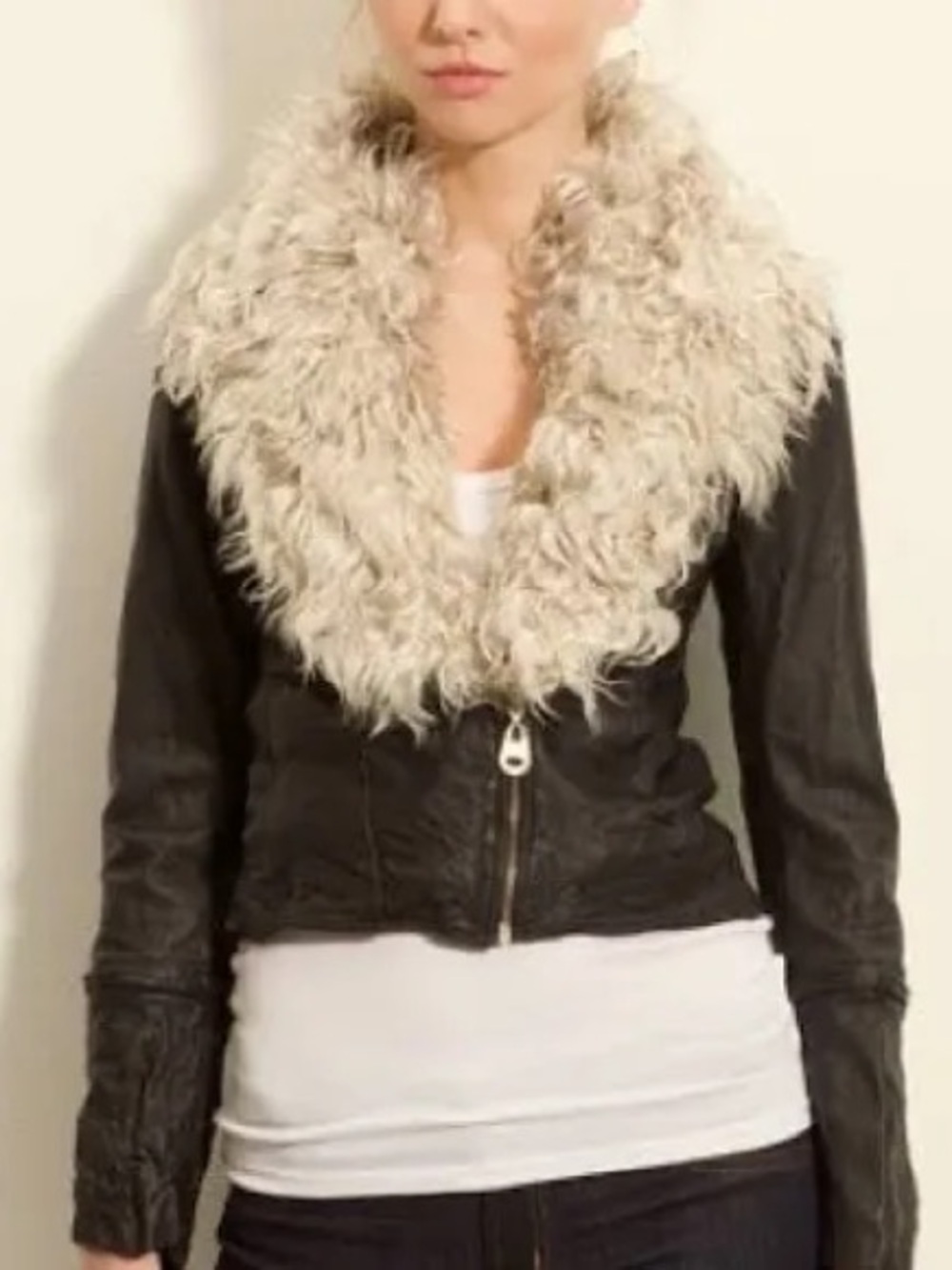 Doma Leather Curly Fur Collar Biker Jacket Size M Black Crop shearling
